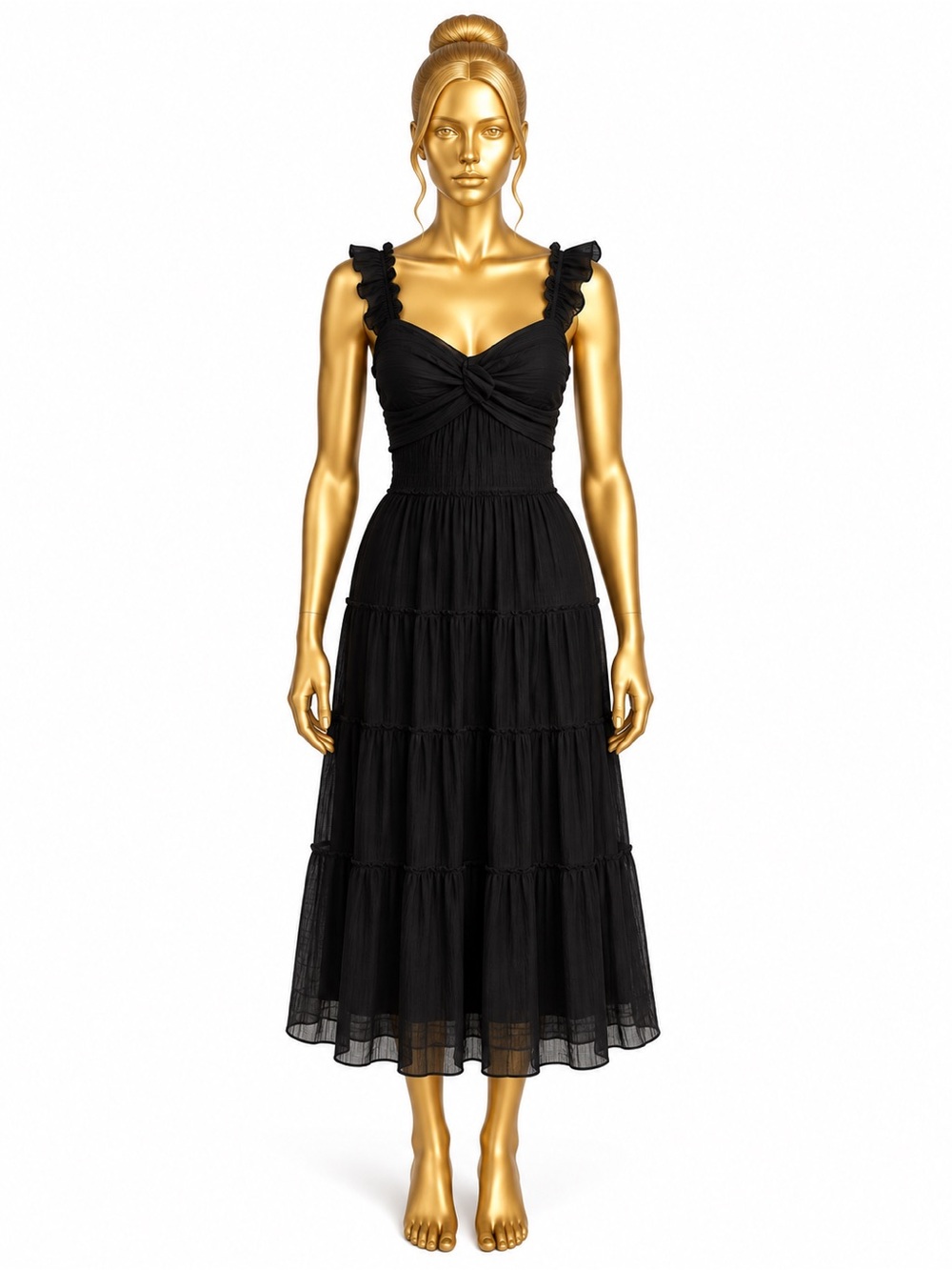 Max Studio London Large Black Ruffle Strap Tiered Midi Dress Ruched Bust